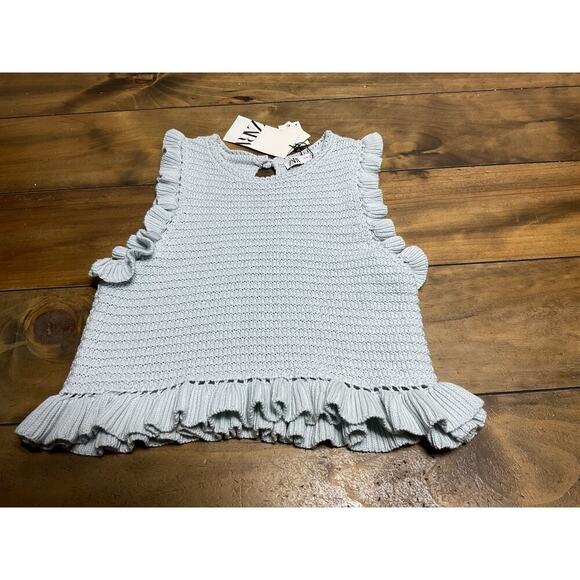 Zara Blue Knit Ruffle Sleeve Crochet Top Medium NWT - Picture 1 of 11